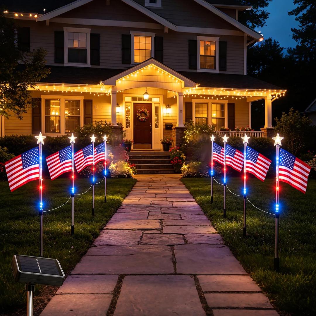 8-Pack Solar American Flag Pathway Lights, 4th of July Outdoor Decor, Lights for the 250th Anniversary of Independence, Memorial Day, and Garden Yard Decor (Waterproof LED with 8 Modes)