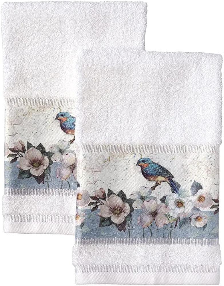 The Lakeside Collection Floral Bluebird Motif Hand Towels for the Bathroom and Kitchen - Set of 2