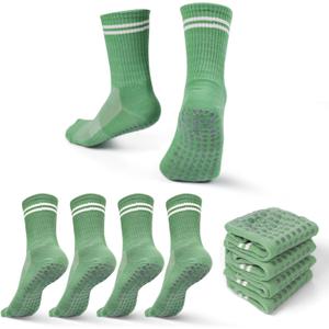 Pilates, Yoga Socks with Non Slip Grips for Women, Crew Grip Sock for Barre Shoes, Pilates Outfit Pack of 4 (Green)