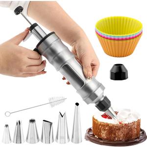 Dessert Decorating Syringes Set, Frosting Piping Kit Stainless Steels Cake Decorating Set with 6 Piping Tips, 7 Silicone Cupcakes and 1 Brush(COLOR:Black)