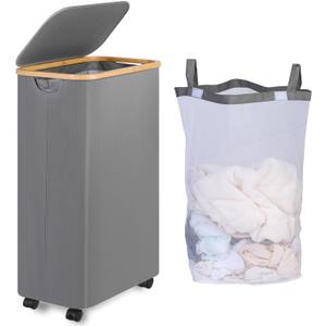 75L Slim Laundry Hamper with Wheels,Clothes Hamper for Laundry,Laundry Basket with Lid & Inner Bag,for Laundry Room, Bedroom, Dormitory Organization, Grey