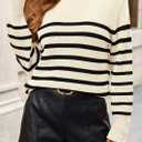 KIRUNDO Women's Striped Sweaters 2024 Fall Winter Outfits Crewneck Ribbed Knit Pullover Trendy Tops with Metal Buttons (Beige White, Medium) (M)