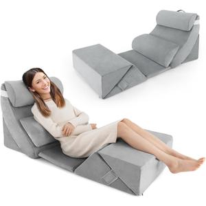 Giantex 7 PCS Orthopedic Bed Wedge Pillow Set, Adjustable Memory Foam Body Pillows with Washable Cover, Ergonomic Cushions Support Head, Neck, Back for Acid Reflux, Pain Relief, Leg Elevation, Grey