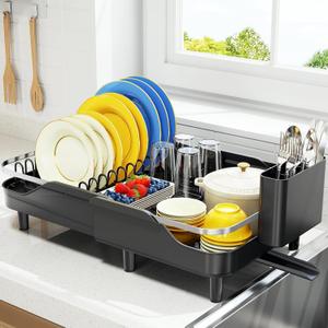 Urackify Expandable Dish Rack for Kitchen Counter,16.14"-23.62" Large Stainless Steel Dish Drying Rack with Adjustable Water Spout, Space Saving Dish Drainer with Auto Draining Cutlery Holder,Black