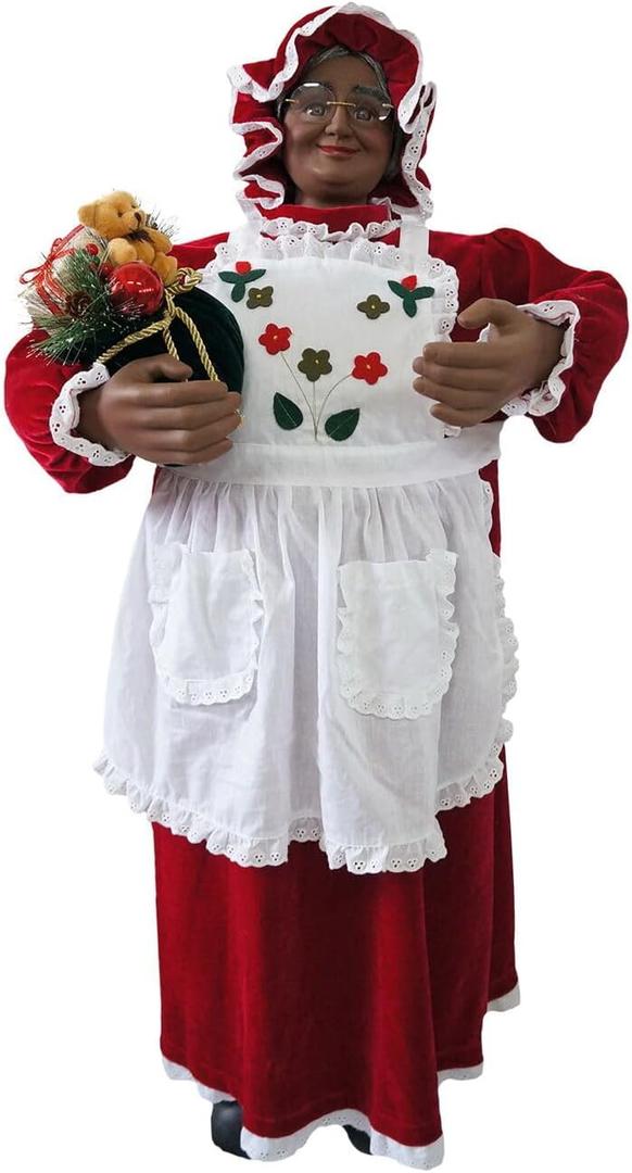 Fraser Hill Farm 3-ft. African American Mrs. Claus Animatronic with Apron and Gift Sack, Indoor Animated Holiday Home Decor, Moving Christmas Decoration with Music