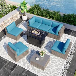 8 Pieces Outdoor Patio Furniture Set with 43" Fire Pit Table, Wicker Outdoor Patio Sectional Sofas with Coffee Table and Cushions, All-Weather Patio Conversation Set for Garden Backyard, Light Blue