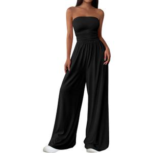 PRETTYGARDEN Women's Trendy Strapless Rompers 2026 Ruched Tube Top Wide Leg One Piece Jumpsuits Beach Vacation Summer Outfits, Medium