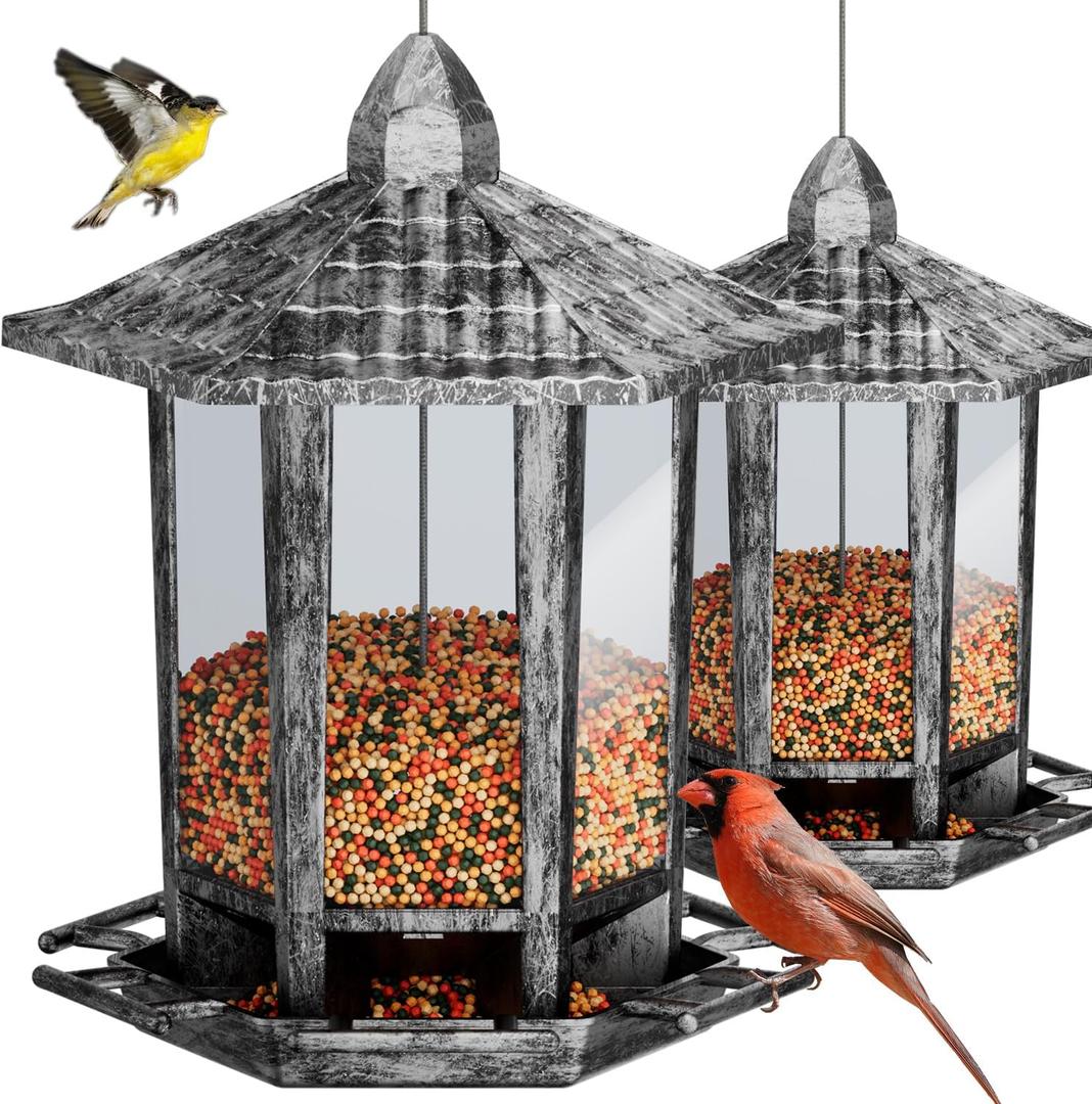 Birdream 2 Pack Bird Feeders for Outdoor, Retro Pagoda Design Fun Installation Bird Feeder, Attracting Wild Birds Chickadees Goldfinches Cardinals Finches and Sparrows - Retro Silver