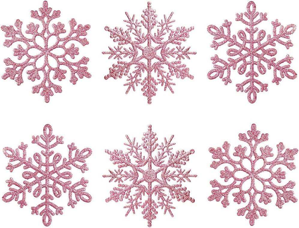 XmasExp 80mm/3inch Glitter Snowflake Ornaments Set mini Christmas Tree Hanging Plastic Decoration for Xmas Party Wedding Anniversary Window Door Home Accessories (30pcs,Pink)