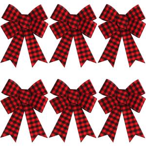 KIMOBER 6PCS Large Buffalo Plaid Christmas Bows,11 x 8 Inches Red and Black Plaid Christmas Wreath Bows for Xmas Tree Party Decoration
