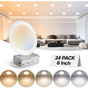 MAILCOS 24 Pack 6 Inch 5CCT Ultra-Thin LED Recessed Ceiling Light with Junction Box, 2700K-5000K Selectable, 1050LM High Brightness, 0%-100% Dimmable Canless Wafer Downlight, 12W 120V, ETL (White)
