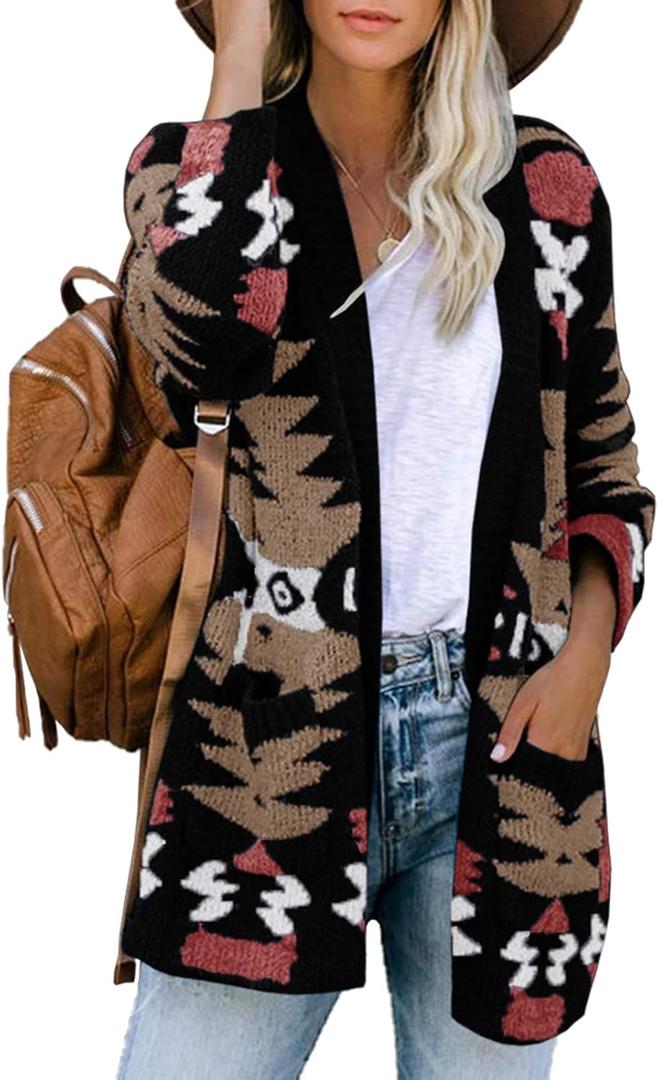 FERBIA Women Boho Cardigan Aztec Open Front Loose Slouchy Sweaters Tribal Long Sleeve Knitted Christmas Jacket Coat (Large, Brown)