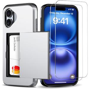 for iPhone 16 Wallet Case with Card Holder + 2 Tempered Glass Screen Protector Protective Dual Layer Shockproof Hidden Card Slot Slim Case Women Men iPhone 16 6.1 inch 2024Silver