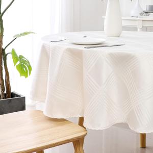 Round Tablecloth Water Resistance Ivory Plaid Table Cloth Waterproof Reusable Oil-Proof Spill-Proof Checkered Washable Table Cover for Kitchen Dining Room and Outdoor Use, 60 Inch Round