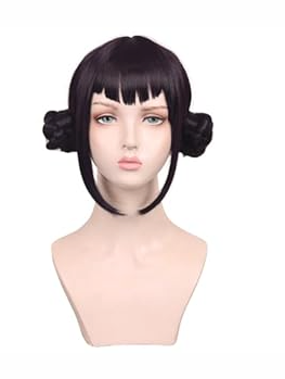 ColorGround Short Black Purple Cosplay Wig with 2 Buns for Women Halloween Party Costume