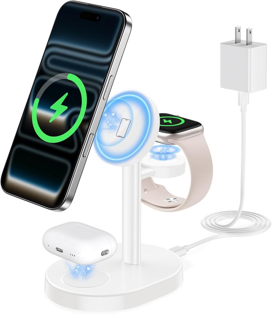 2026 3 in 1 Wireless Charging Station for Apple MagSafe Charger, 15W Fast Mag-Safe Charger Stand for iPhone 17 16 15 14 13 12 Apple Watch AirPods Compatible with MagSafe, White