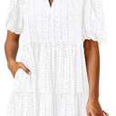 KIRUNDO Eyelet Summer Dresses for Women 2026 Mini Casual Hollow Out Short Sleeve Lace Tiered V Neck Shift Dress Pockets Small