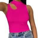 LovelyWholesale Crop Tops for Women Sexy Cut Out Tops Mock Neck Tank Top Hot Pink Medium (Pink, M)
