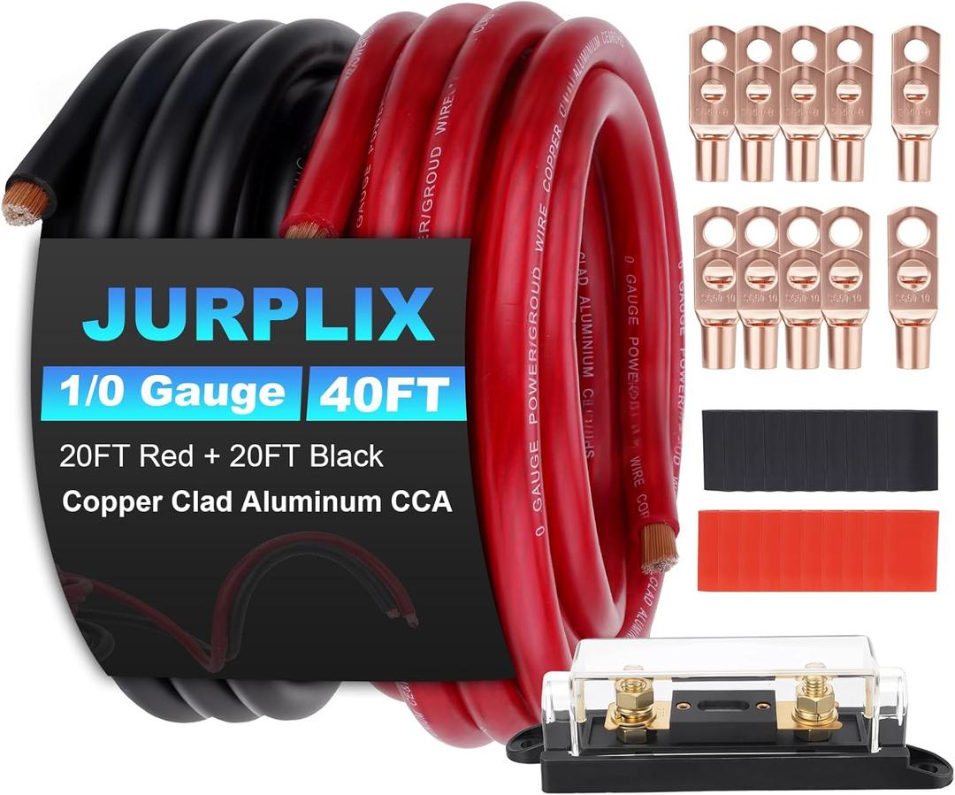 1/0 Gauge Wire 1/0 Battery Cable (20FT Red+20FT Black), Copper Clad Aluminum CCA Amp Wiring Kit with 250A ANL Fuse Holder, Lugs Terminal Connector & Heat Shrink Tube for Car Audio Speaker, Marine
