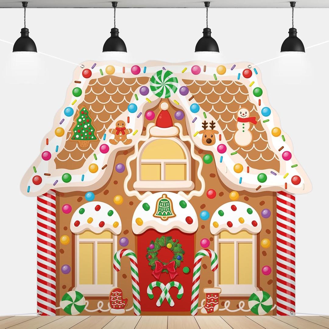 Panelee Extra Large Christmas Banner Decorations 7.4x6.5 ft Polyester Gingerbread House Backdrop Xmas Party Background for Xmas Holiday Garage Door Yard Photo Booth Indoor Outdoor Decor(Vivd)