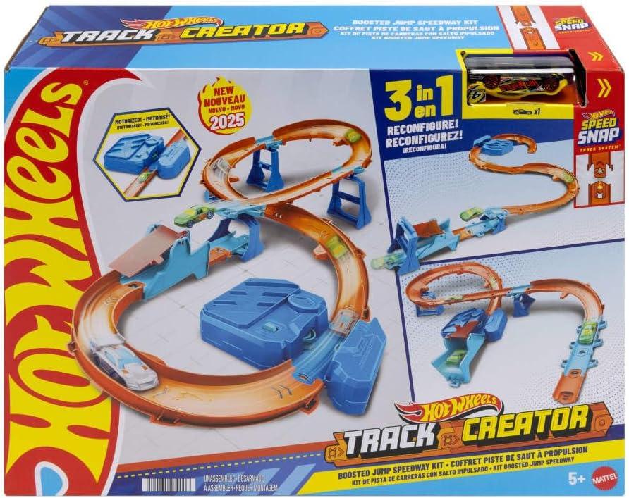 Hot Wheels Toy Car Track Set, Deluxe Building Box with Motorized Booster, 1:64 Scale Vehicle, Speed Snap Track, Boosted Jump Speedway