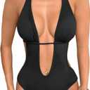 GORGLITTER Women's Deep V Neck Halter Bodysuit Cut Out Tie Backless Sleeveless Party Leotard Tops (Black, XS)