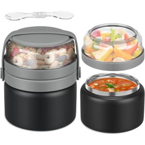 2 in 1 Double Insulated Food Jar 8oz Soup Thermo with Snack Container Kids Thermo for Hot Food Lunch Containers Wide Mouth Vacuum Stainless Steel Leak Proof for School Travel (Gray)