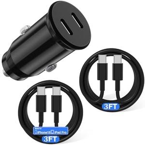 Pack Of 3 iPhone 15/15 Pro Max Car Charger,40W Dual Port Fast USB C Car Charger Power Cigarette Lighter Adapter with 3FT USB C to C Cable for iPhone 15/15 Plus/15 Pro Max, iPad Pro/Air/Mini, AirPods Pro
