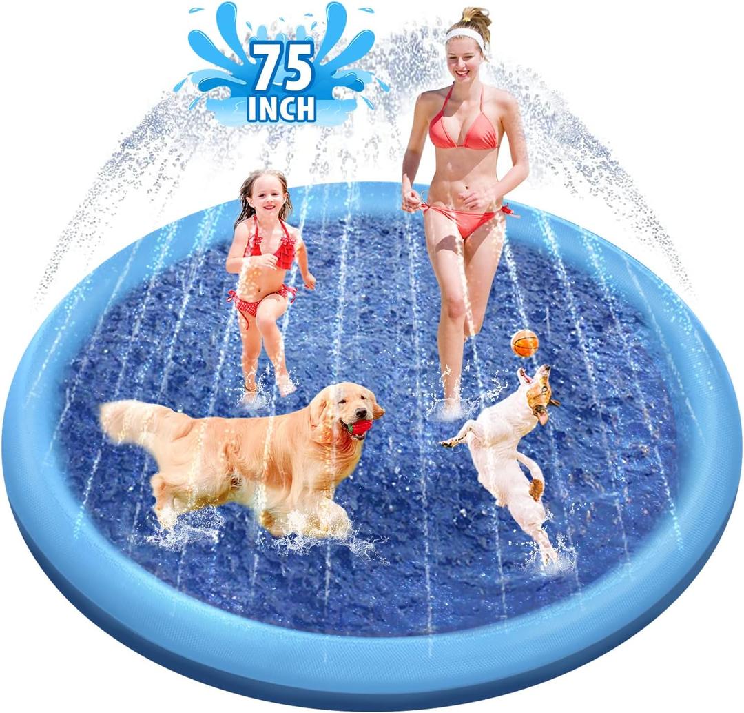 Raxurt Dog Splash Pad, 75in Anti-Slip Dog Pool Splash Pad for Dogs Kids 0.55mm Thickened Durable Bath Pool Pet Summer Outdoor Water Toys Backyard Fountain Play Mat, Blue DP-01