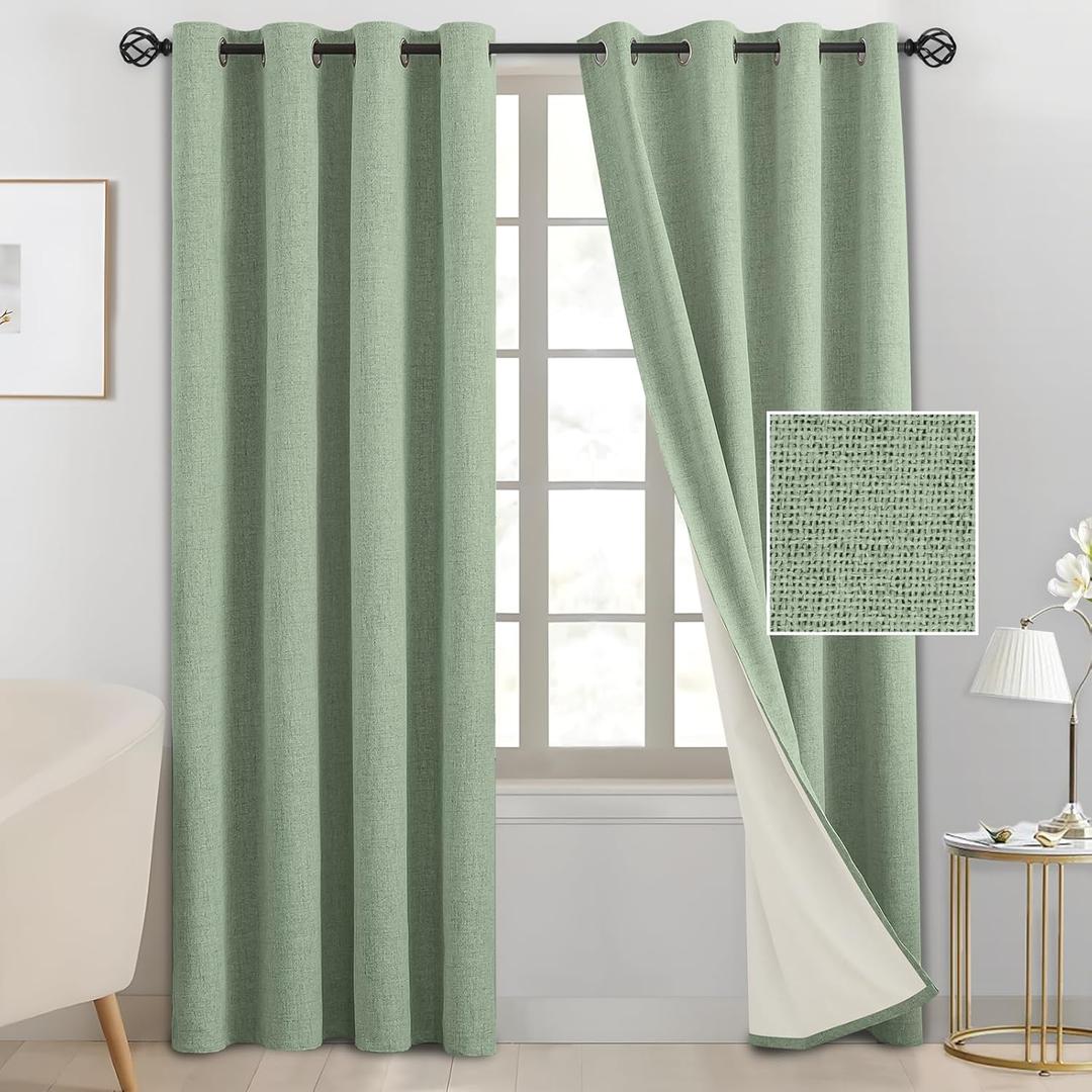 SimpleHome 100% Blackout Light Sage Green Linen Curtains 84 Inch Long 2 Panel Set, Faux Linen Textured for Living Room with White Liner Grommet Curtains for Bedroom