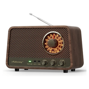 Vintage Wooden AM FM Bluetooth Radio with 10 Watts Powerful Sound, Retro Bluetooth Speaker Radio with Softly Glowing Dial, Bass Control, Aux Input, Headphone Jack, for Home, Office, Kitchen