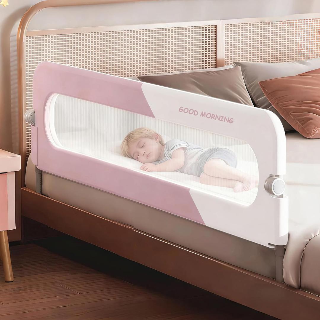 Bed Rail for Toddlers, Pink Foldable Baby Bed Rail Guard | Installation of the Fabric Pull Tab Zipper, U-shaped Extended Base, Drilled-free Installation, Adjustable Height, 1 Side:59inch