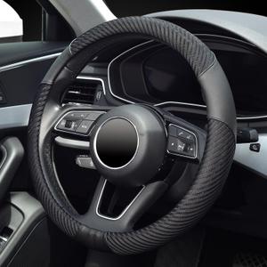 Car Steering Wheel Cover 14.5-15 inch, Microfiber Leather Ice Silk Design, Breathable Comfort Grip, Non-Slip, Black