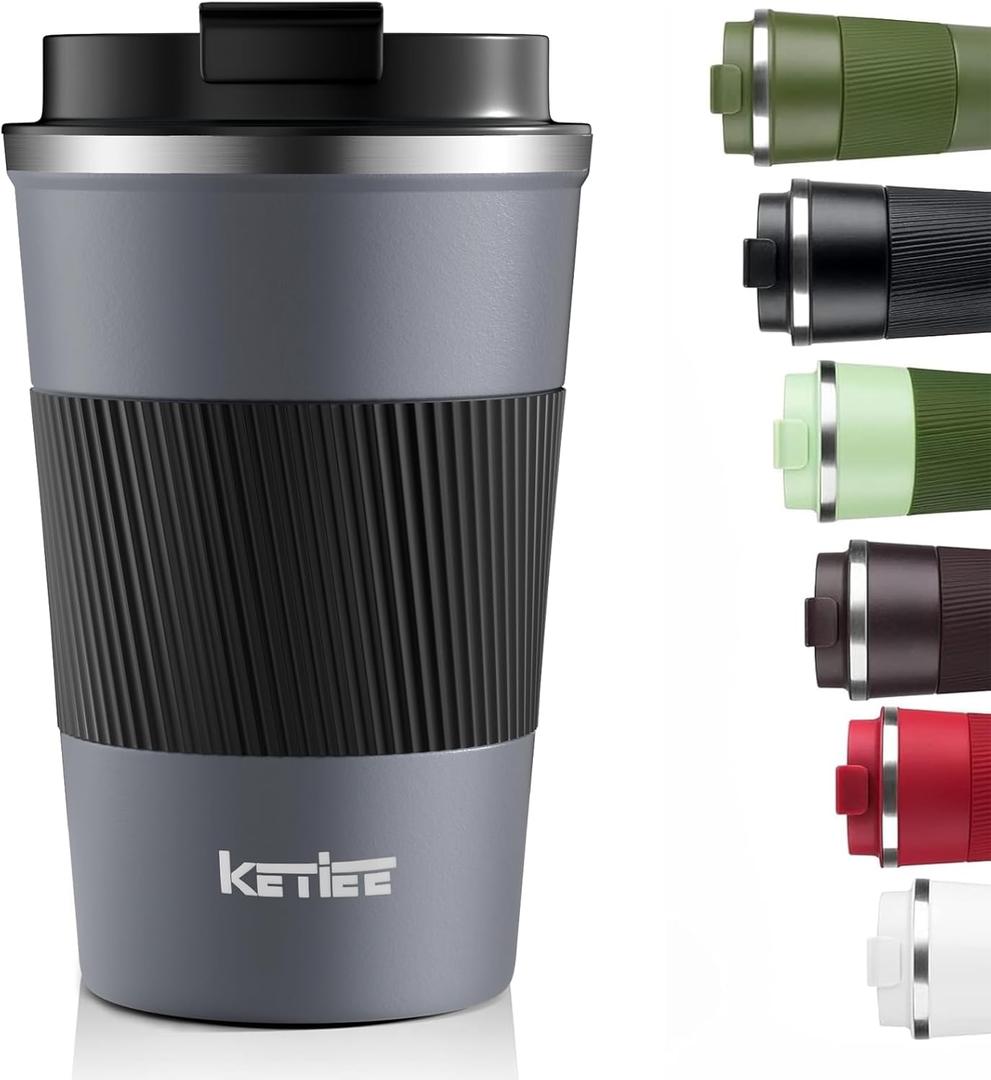 KETIEE Travel Coffee Mug Spill Proof 12oz, Insulated Reusable Coffee Cups with Seal Lid, Vacuum Stainless Steel Travel Mug to Go Car Tumbler for Hot/Iced Drinks (Grey) (Gray)