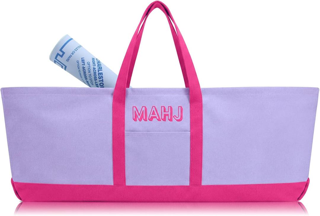 Mahjong Bag for Tiles and Racks Empty American Mahjong Tiles Carrying Tote 31.5 x 12 x 4 Inches Canvas Tile Games Accessories Gifts for Card Pushers Rack Mat Carrying, Case Only(Purple)