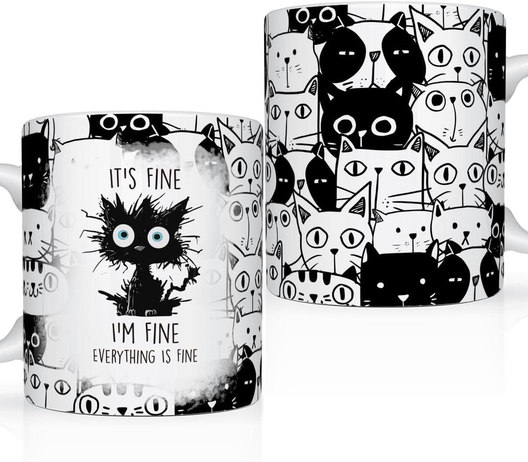 LONGXIN Cat Lover Gifts, Funny Black Cat Mug, Everything Is Fine Cat Mug, Birthday Christmas Gifts for Cat Mom, Crazy Cat Halloween Gifts, 11 Oz Coffee Mug Cup
