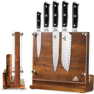 ENOKING Magnetic Knife Block with Acrylic Shield, Double Side Kitchen Knife Holder without Knives- Acacia Wood Universal Knife Storage Organizer with Powerful Magnet for Kitchen Counter (10*9 inches)