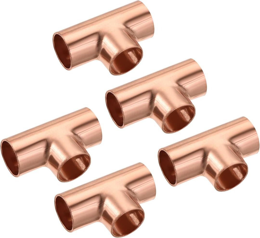 MECCANIXITY Tee Copper Fitting 3 Way Welding Joint 1/2 Inch ID for HVAC Air Conditioner, Pack of 5