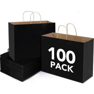 BURVAGY 16x6x12 Inch 100 Pcs Kraft Paper Bags with Handles Bulk, Kraft Shopping Black Large Recycled Gift Paper Bags with Handles for Small Business, Retail,Boutique,Grocery