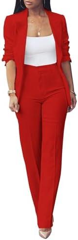 HuiSiFang Womens Fall Fashion 2 Piece Blazer Sets Open Front Blazers and Slim Fit Pants Suits Set, XL