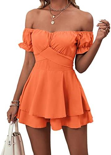 LYANER Women's Off Shoulder Wrap Tie Up Back Ruffle Short Sleeve Romper Short Jumpsuit, Large