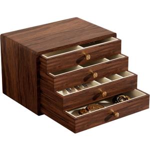 GENUINED Large Black Walnut Wooden Jewelry Box, High End Jewelry Organizer, Vintage Style for Watch Necklace Ring Earring Storage, Anniversary Birthday Gifts for Women (4 Layer)