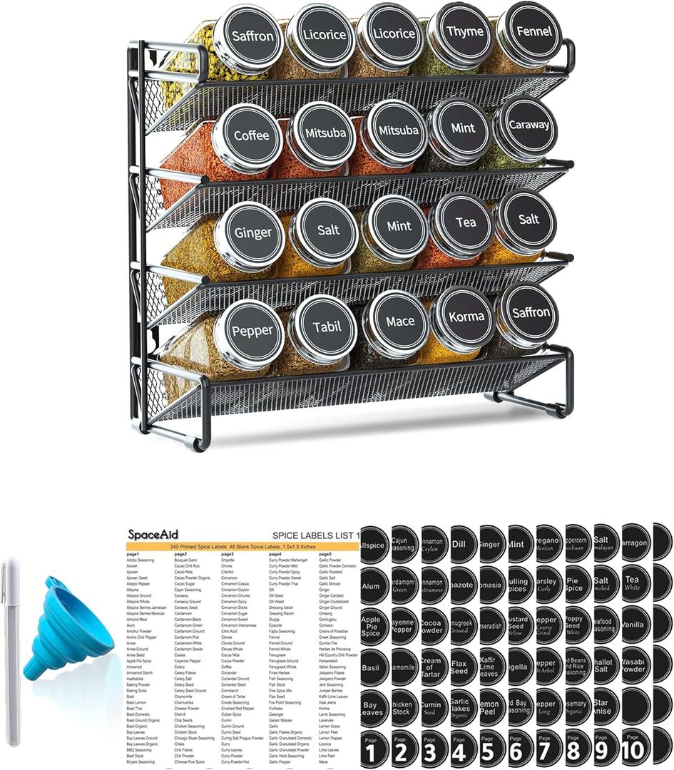SpaceAid Spice Rack Organizer with 20 Spice Jars, 386 Spice Labels, Chalk Marker and Funnel Set for Cabinet, Countertop, Pantry, Cupboard or Door & Wall Mount - 20 Jars, 9.8" W 10.8H, Black
