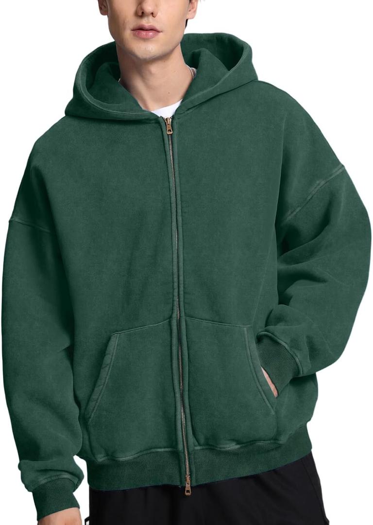 FAIABLE Mens Womens Double Zip Up Hoodie Oversized Acid Wash Hoodie Heavyweight Fleece Cotton Zipper Sweatshirt Vintage (Medium, Dark Green)