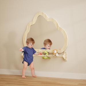 Montessori Mirror with Bar, Baby Pull to Stand Toys, Easy Assembly Natural Frame, Adjustable Infant Mirror, Montessori Furniture for Toddler 6-18 Months-Natural