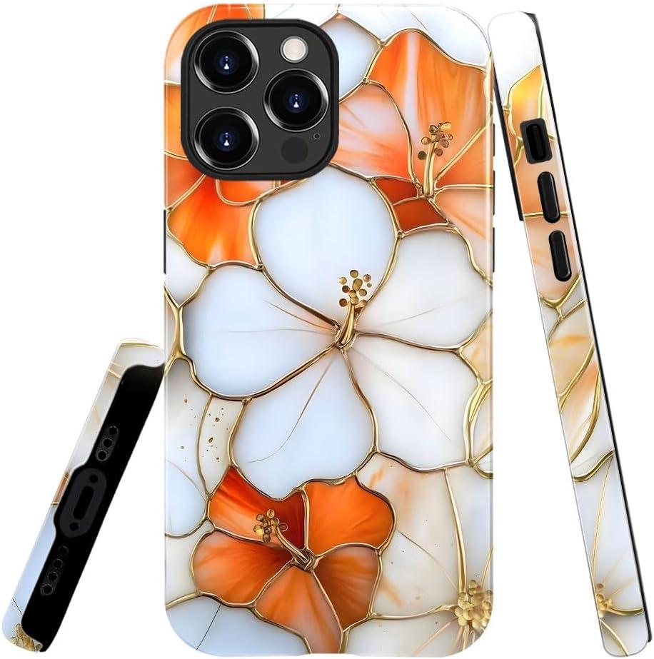 Case for iPhone 16 Pro Max, Hibiscus Flowers Stained Glass Botanical Phone Case Slim Silicone Shockproof Cover for Girls Women Glossy & Durable