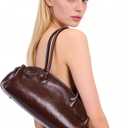 Vintage Shoulder Bag - Glossy Leather Top Handle Handbag, Retro Minimalist Dome Shoulder Purse, Elegant Underarm Bag Maple