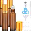 4 Pack, 10 ml Roller Bottles for Essential Oils, Leak-Proof Glass Roller Ball Applicator, Refillable Roll on Bottles with Opener & Labels for Perfume & DIY Skincare (Amber)