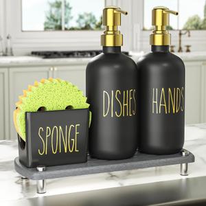 Cisily Kitchen Soap Dispenser Set Comes with Ceramics Sponge Holder, Gold Pumps, and Instant Dry Tray, Hand and Dish Soap Dispenser Set Suitable for Kitchen Decor and Accessories(Black & Gold) (4 Pack)