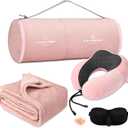 Travel Pillow and Blanket Set Neck Pillows Travel Essentials with Sleep Mask for Airplane Car Memory Foam Pink